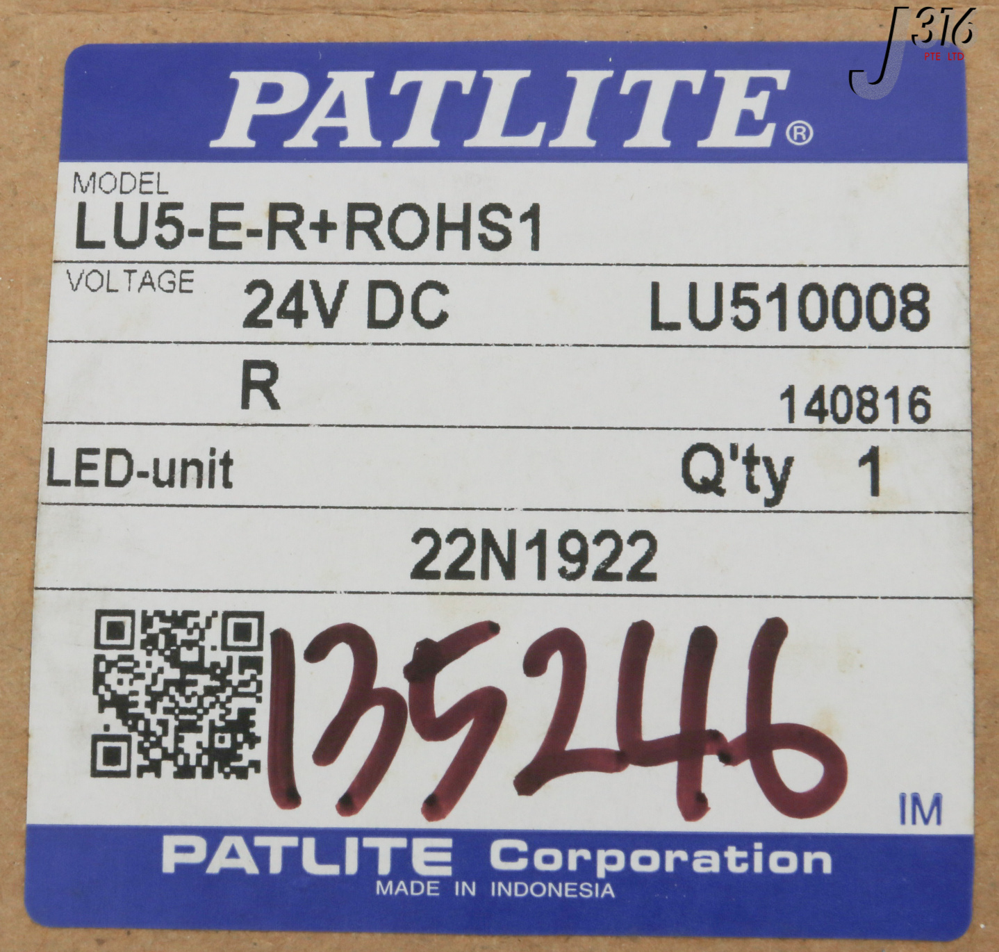 30856 PATLITE 24V DC STACK LIGHT RED, LU5-E-R+ROHS1 NEW) LU5-E-R